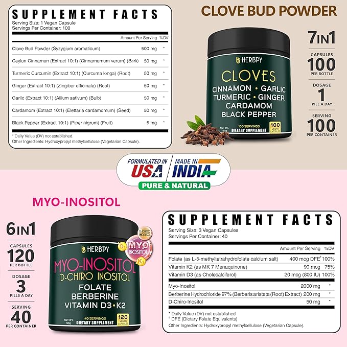 Bundle 7in1 Cloves Supplement 100 Count & 6in1 Myo-inositol & D-Chiro Inositol Supplement for Women 120 Count - Support Immune, Digestion, Heart & Overall Health
