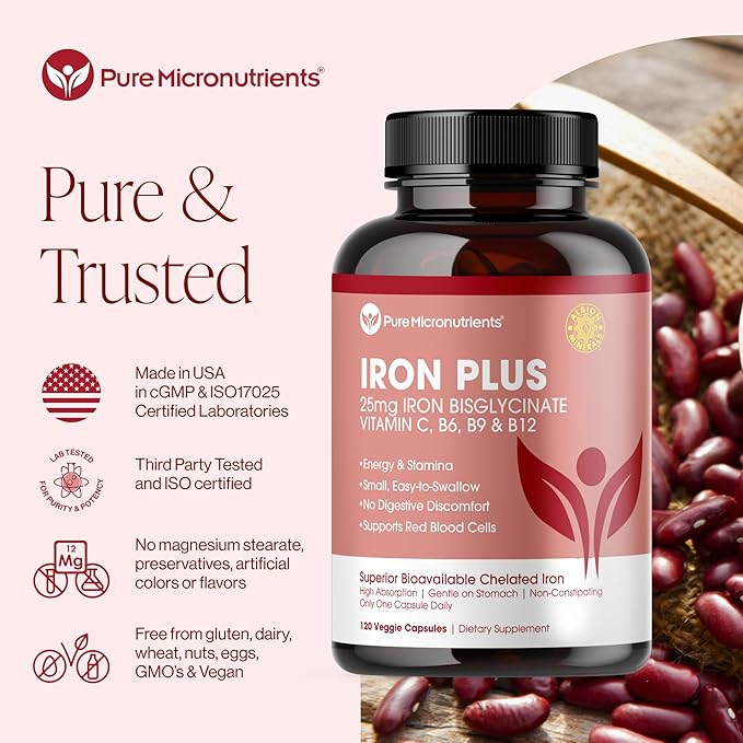 Iron Supplement for Women & Men, Natural Ferrous Chelate, Bisglycinate 25mg + Vitamin C, B6, B12, Folic Acid - IronPills for Iron Deficiency & Energy Support - 120 Count