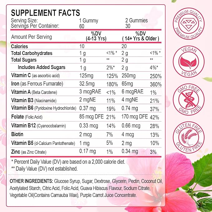 Iron Gummies for Women Men Vitamin Supplement 65mg & Vitamin C 250mg Per Serving with B6 B12 Folate- Energy Support for Iron Deficiency, Anemia, Vegan Guava Hibiscus Flavor, 120 Count