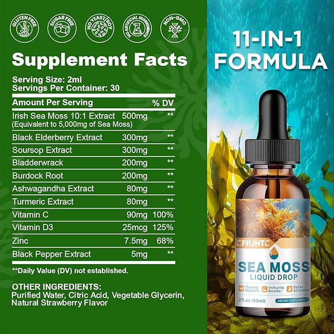 Sea Moss Liquid Drops Supplement, Irish Sea Moss with Soursop Black Elderberry Ashwagandha Burdock Root - Multivitamins Seamoss Liquid Drops Support Antioxidant, Immune, Skin Gut Health, 2 Fl Oz
