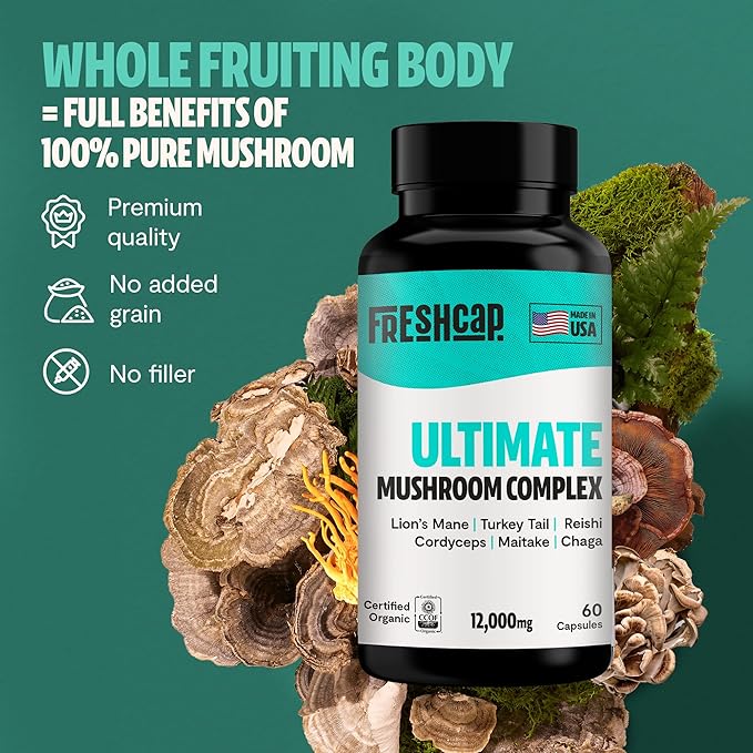 FreshCap Ultimate Mushroom Supplement 12,000mg - Mushroom Complex Capsules, Organic Mushrooms Supplement, Nootropic Brain Supplements for Memory and Focus Ayurveda (60 Capsules)