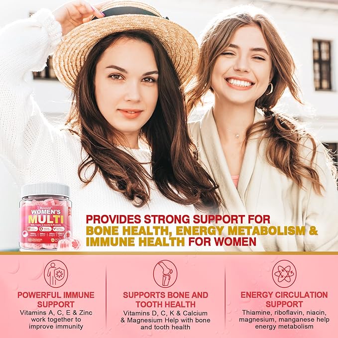 Sugar-Free Womens Multivitamin Gummies, Methylated Multivitamin for Women/w Omega-3, Calcium, Enzymes & Probiotic, Vitamin A, C, D3, Folate, Biotin, Inositol - Skin, Hair Growth, Immune, Bone - Vegan