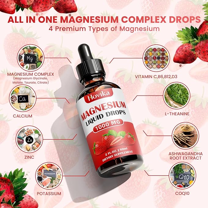 Magnesium Glycinate Liquid Drop with Citrate, Malate and Taurate, Calm Magnesium Supplement with Calcium, Potassium, Zinc, CoQ10, D3, B6, B12 for Relax Mood, Muscle, Energy- Strawberry Flavor, 2 Fl Oz