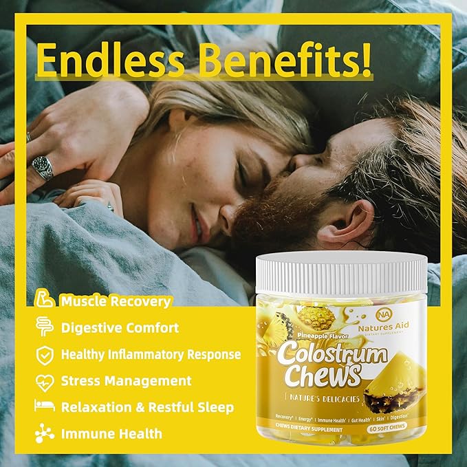 Colostrum Chews Supplement with probiotics for Gut Health, Bloating, Immune Support, Skin, Hair Growth and Beauty - Pineapple Flavor (60 Servings)