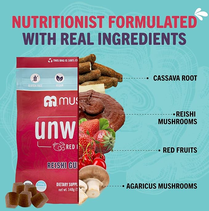 Mushie 100% Organic Reishi Mushroom Gummies - 2000mg Reishi Nootropic for Relaxation, Sleep, Cardiovascular Health & Immune Support with Vitamin D - Vegan, Gluten-Free - 60 Count