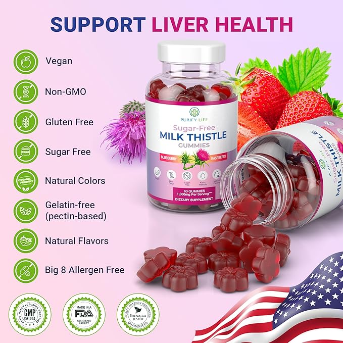 Purify Life Sugar-Free Milk Thistle Gummies for Liver Cleanse, Detox & Cell Repair (1000mg/serv) Cardo Mariano, Milk Thistle Extract & Antioxidant Support, Vegan, Replaces Pills & Capsules