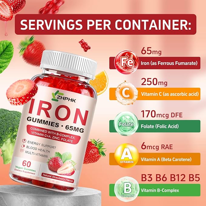 Iron Supplement Gummies for Women, Men & Kids, 65mg Iron & 250mg Vitamin C per Serving - Healthy Blood, Energy & Immune Support Iron Vitamin Gummy with Folate, 2 Pack
