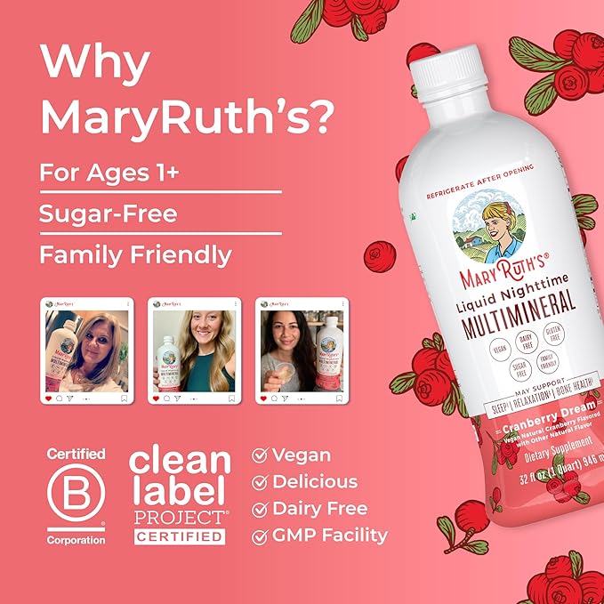 MaryRuth's Liquid Nighttime Multimineral | Sugar Free | Calm Magnesium Citrate | NO Melatonin | Calcium Magnesium Zinc | Muscle Relaxation | Available in 4 Flavors | Vegan | Gluten Free | 32 Servings