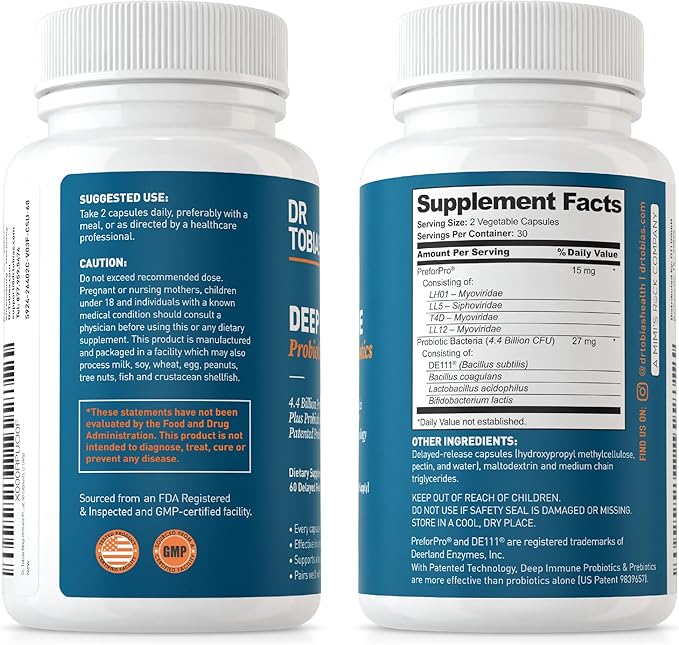 Dr. Tobias Deep Immune Probiotics & Prebiotics, Dual Action Digestion & Immune Support with PreforPro Prebiotics & Delayed Release Spore Forming Probiotics for Women & Men, 60 Capsules, 30 Servings