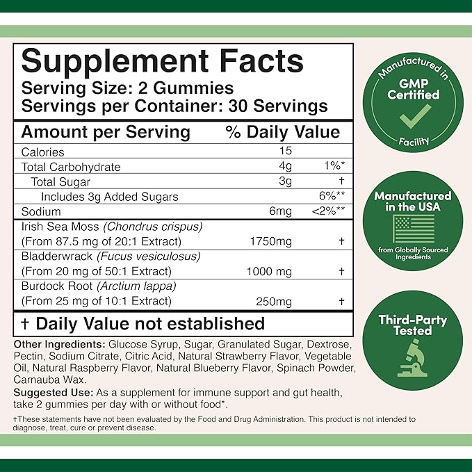 Sea Moss Gummies for Adults Max Strength 3,000mg (60 Irish Sea Moss Gel Gummies Enhanced with Bladderwrack and Burdock Root) Superfood Gummies for Immune Support (Non-GMO, Gluten Free) by Double Wood