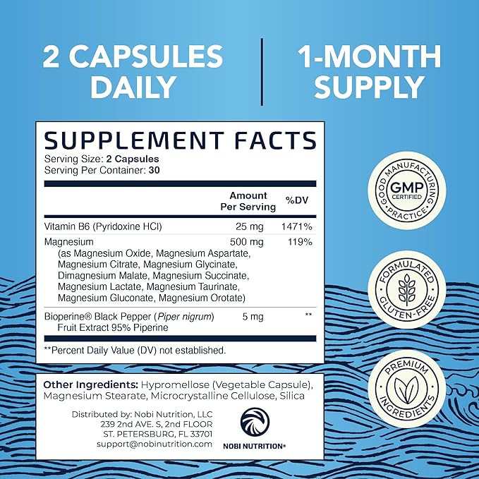 10 in 1 Magnesium Complex Supplement 500MG | Magnesium Citrate, Mag Glycinate, Malate & More | High Absorption Mag Complex with Vitamin B6 | Bone, Muscle & Heart Health Support | Non-GMO | 60 Ct.