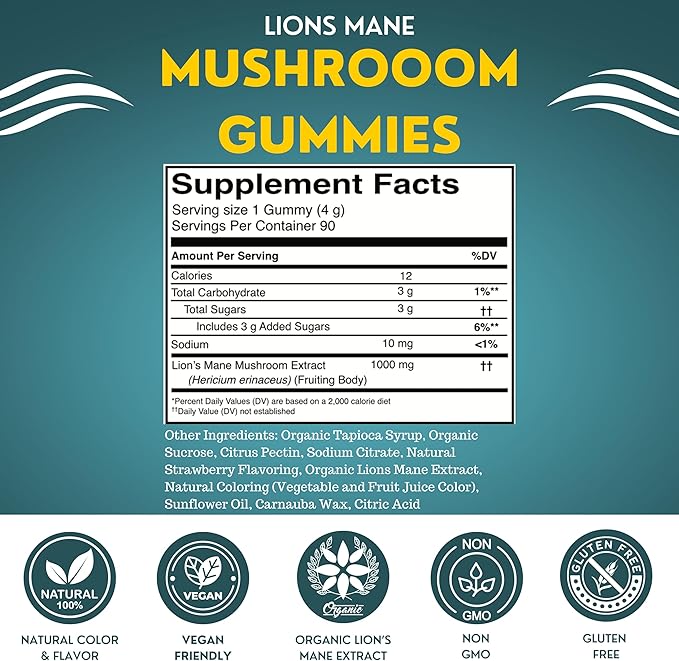 Organic Lion's Mane Mushroom Gummies | 90 Servings | Brain Health, Focus, Clarity, & Memory Mushroom Supplement Gummies | 90 Organic Lions Mane Gummies for Adults