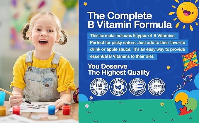 Autistic UpBeat: Kid's Vitamin B Complex | Kid-Friendly Drops | Unlfavored | B1, B2, B3, B6, B7, B9 & Methyl B12 | Brain Function, Focus, Metabolism | Kids B Complex Liquid Drops Supplement