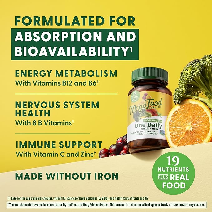 MegaFood Women's 55+ One Daily Multivitamin for Women - with Vitamin A, C, D3 & E for Optimal Aging Support - Plus Real Food - Bone & Immune Support Supplement - Vegetarian - 60 Tabs
