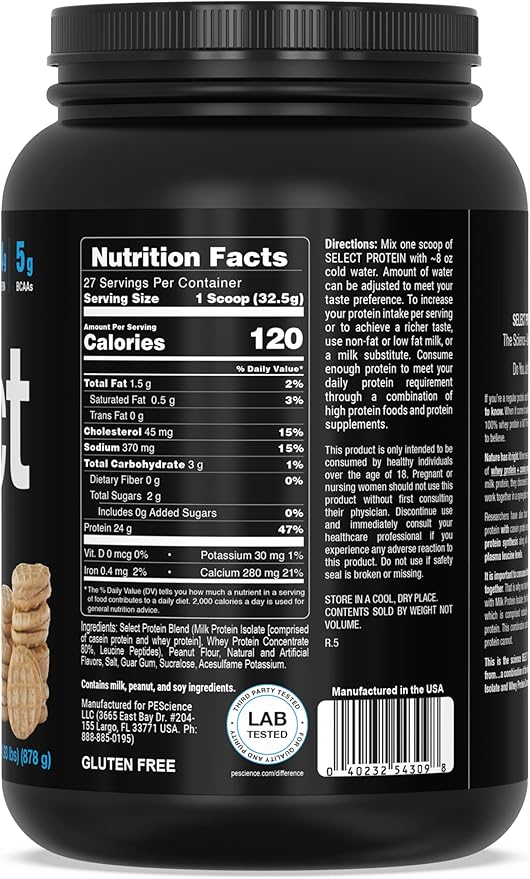 PEScience Select Protein Powder, 27 Serving, 31 oz, Peanut Butter Cookie