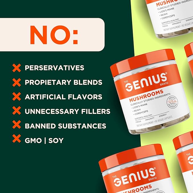 Genius Mushroom Supplement - Full-Spectrum Lion’s Mane, Cordyceps, Reishi -Daily Brain Nootropic for Energy, Focus, Memory & Overall Wellness - 180 Capsules – Organic for Mental Clarity & Performance