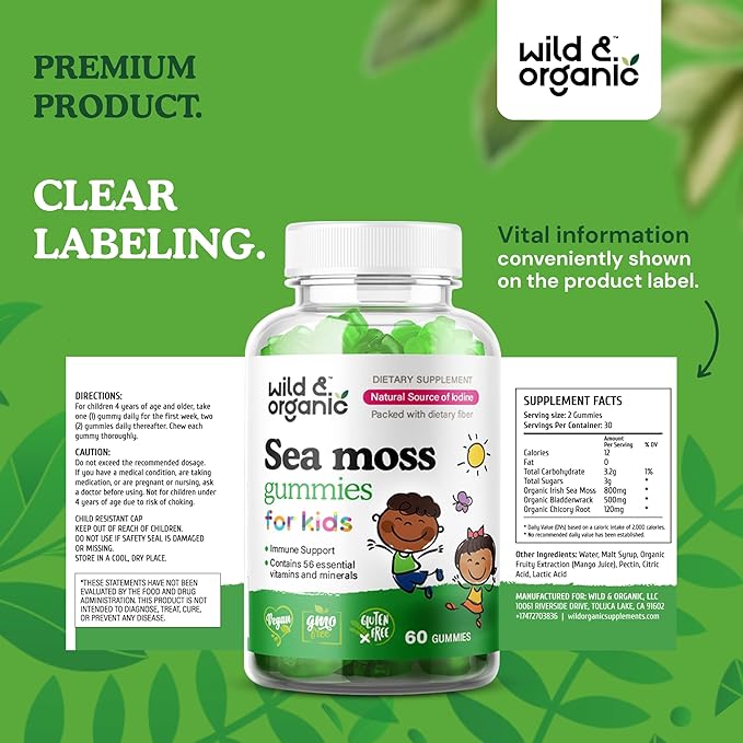 Wild & Organic Irish Sea Moss Gummies for Kids 800mg - Immune Support with Bladderwrack - Vegan Sea Moss Gel Chews for Overall Support - 60 Non-GMO Seamoss Gel Gummies