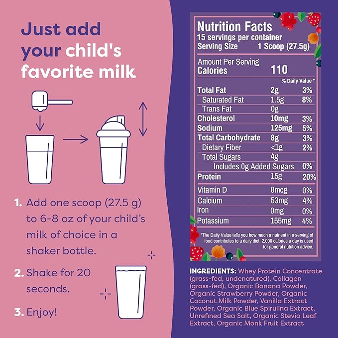 FlavCity Kids Protein Shake Powder - Magical Berry Smoothie - 15g Undenatured Whey Protein Powder for Kids - 5g Grass-Fed Bovine Collagen Peptides - Gluten-Free & Non-GMO (15 Servings)