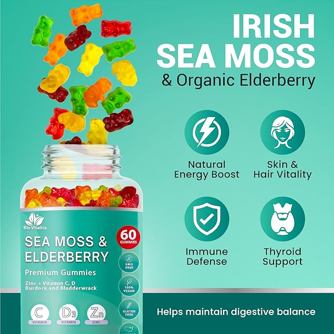 BIO VITALICA Sea Moss Gummies Elderberry BioVitalica - Vitamin C D + Zinc - Irish Seamoss Vegan Gummy with Sea Moss Gel & Powder for Immunity, Detox - for Adults and Kids