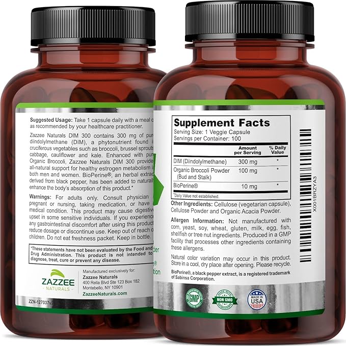 Zazzee Extra Strength DIM 300, 10 mg BioPerine and 300 mg DIM per Capsule, 100 Vegan Capsules, 3+ Month Supply, Plus Pure Organic Broccoli Extract, 100% Vegetarian, All-Natural and Non-GMO