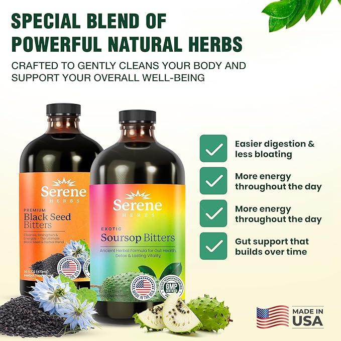 Soursop & Black Seed Bitters Bundle – Organic Herbal Detox for Digestive Support & Immune Health by Serene Herbs – Non-GMO, 32 oz (16 oz Each), 64 Servings