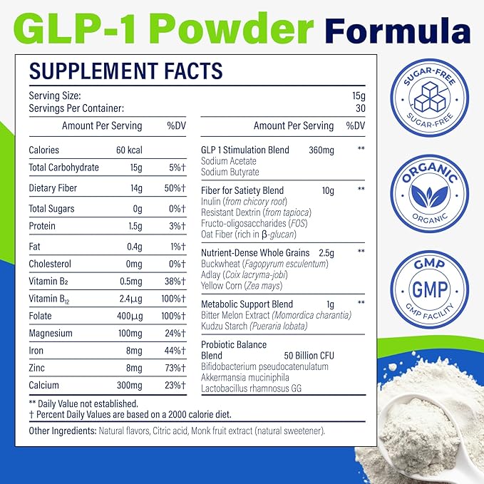 GLP-1 Supplement, Max Strength GLP-1 GLP1 Powder Supplements for Women & Men, Natural GLP-1 Support with Akkermansia Probiotic, High Fiber for Digestive & Gut, Metabolism, Energy, Vegan, 4 Pack