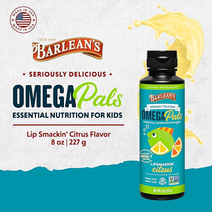 Barlean's Omega Pals Lipsmackin' Citrus Flavored Omega-3 for Kids, Yummy Children's Liquid Fish Oil Supplement with 750 mg of EPA & DHA for Brain & Eye Health, 8 oz