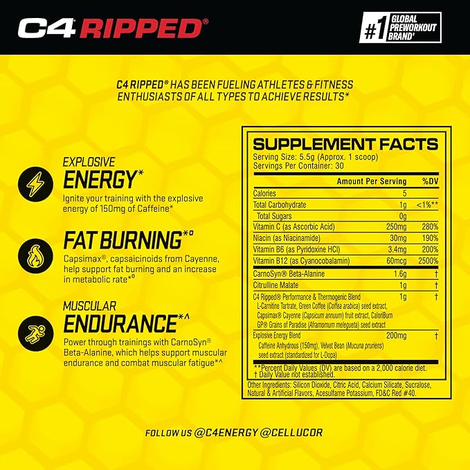 Cellucor C4 Ripped Pre Workout Powder Fruit Punch - Creatine Free + Sugar Free Preworkout Energy Supplement for Men & Women - 150mg Caffeine + Beta Alanine + Weight Loss - 30 Servings