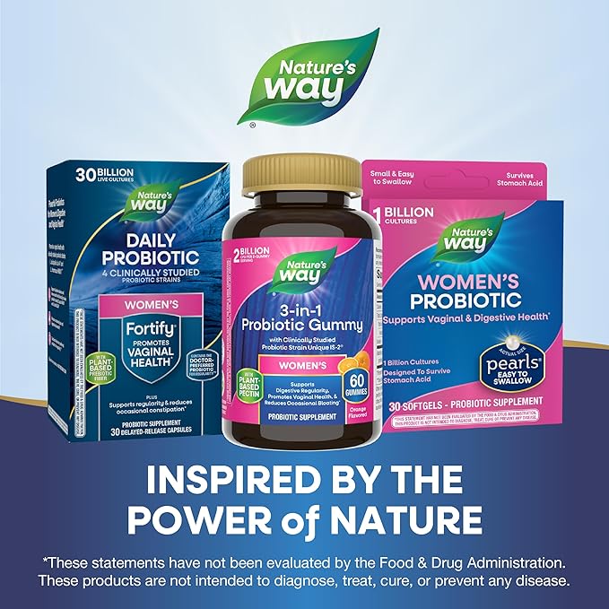 Nature's Way 3-in-1 Women’s Probiotic Gummies, Reduces Occasional Bloating*, Supports Digestive & Vaginal Health*, Clinically Studied Probiotic Strain, Gluten Free, Orange Flavored, 60 Gummies