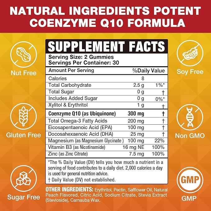 Sugar-Free CoQ10 Gummies 3000 mg - Plus Omega-3, Vitamin B3 & Zinc, High Absorption Coenzyme Q10 Supplements for Cellular Energy & Antioxidant Support, Vegan 60 Count