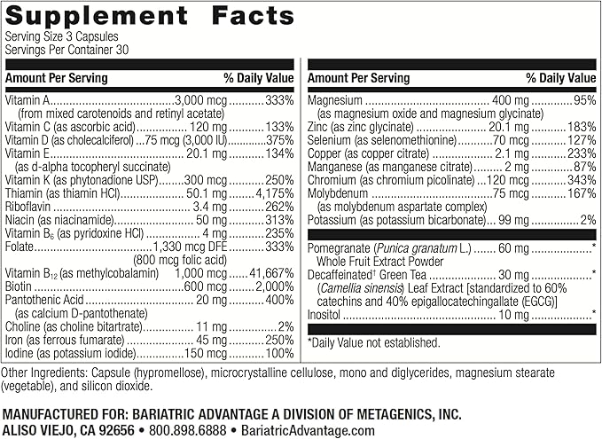 Bariatric Advantage Ultra Multivitamin with Iron - Ultra Multi with Iron - Capsule Format Multivitamin - Provides Full Complex of B Vitamins - with Vitamin C, Chromium & More - 90 Capsules