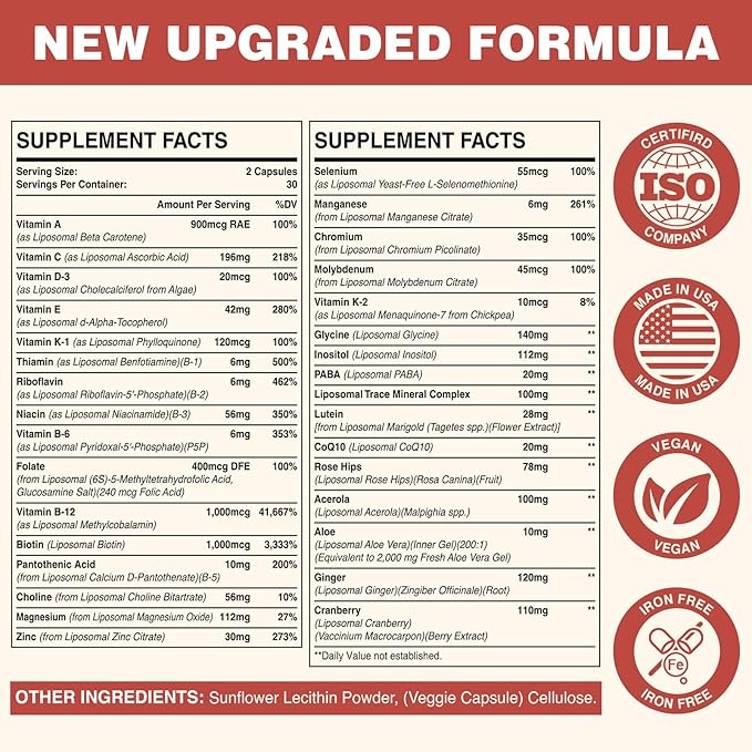 Liposomal Multivitamin for Women 50+ - Women Daily Multivitamin with 32 Ingredients, CoQ10, Vitamins C, B, D, E for Cardiovascular & Bone Health Support - 32-in-1 Multivitamin (60 Capsules)