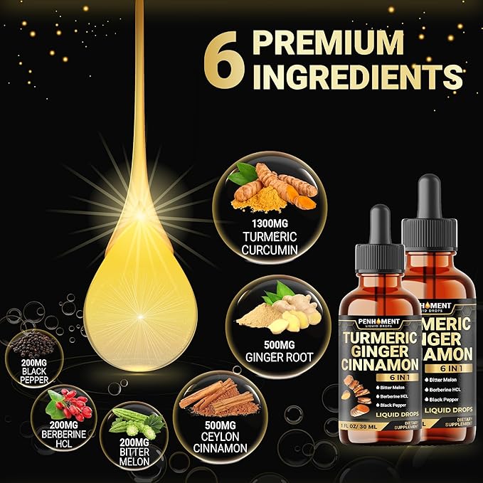 6in1 Liquid Turmeric Curcumin with Ginger, Berberine, Ceylon Cinnamon, Bitter Melon, Black Pepper - Drops Extract for Joint Support - 2Packs of 1 Fl Oz