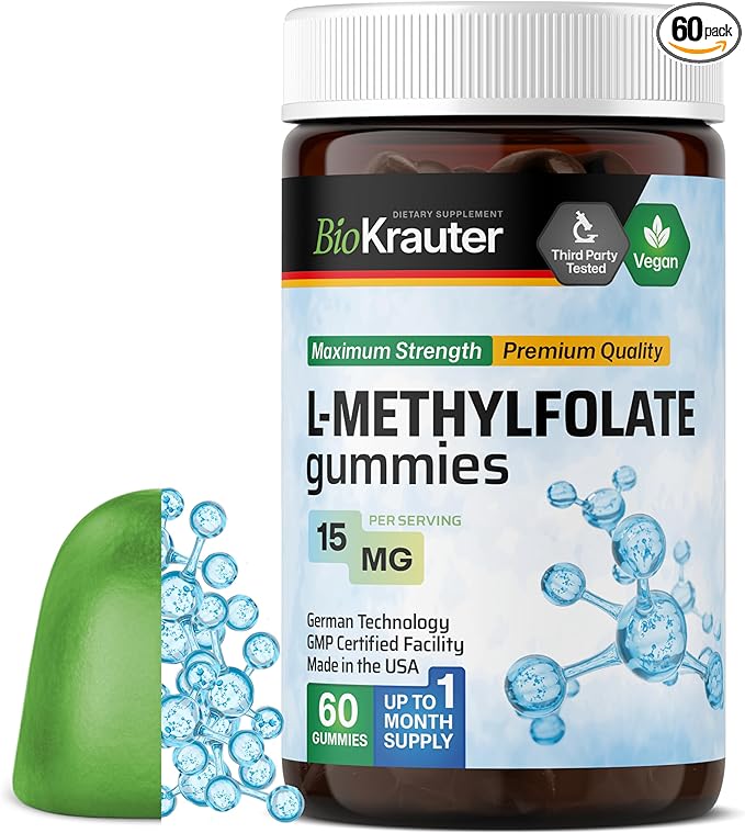 BIO KRAUTER L Methylfolate Gummies - 25 mg DFE - 60 Vegan Chews - MTHF Supplement - Folate Supplement - Folic Acid Gummies (Vitamin B9) - Gelatine-Free Formula