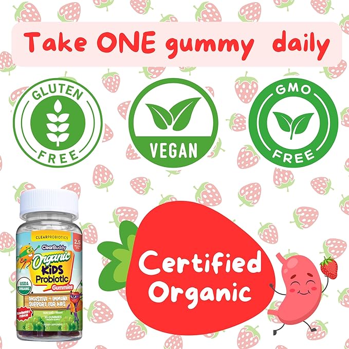 Kids Probiotics Gummies – Daycare Formulated Immunity Gummies - Immune System Boost & Improved Regularity - Plant-based Organic, 2.5 Billion CFU - DE111 Bacillus Subtilis - Strawberry – 1 Month Supply