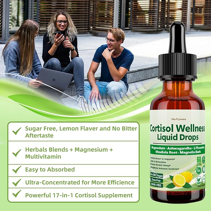 2 Pack Cortisol Supplement Liquid Drops, 17-in-1 Cortisol Detox w. Magnesium Glycinate 400mg Ashwagandha, L-Theanine, Phosphatidylserine, Hormone Balanced for Women, Mood Focus, Sleep Support