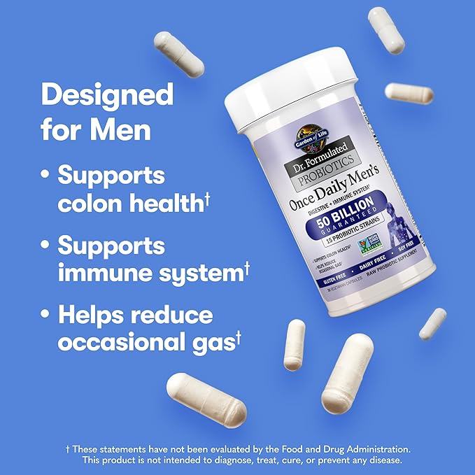 Garden of Life Probiotics for Men Dr Formulated 50 Billion CFU 15 Probiotics for Digestive Health + Organic Prebiotic Fiber for Colon & Immune Support, Daily Gas Relief, Shelf Stable, 30 Capsules