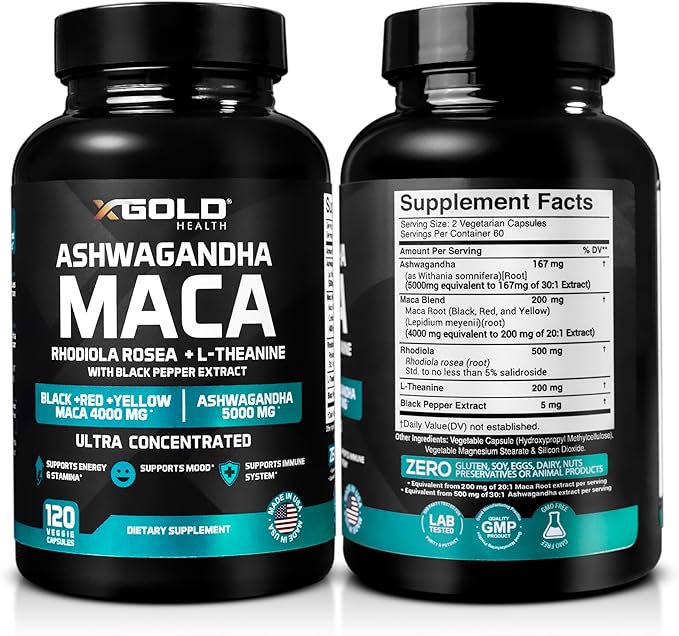 Ashwagandha 5,000mg + Maca Root Black, Red, Yellow 4,000mg, Rhodiola & L-Theanine: 30:1 Extract Ashwagandha Capsules, 20:1 Extract Maca Root Capsules - Supplement for Men and Women