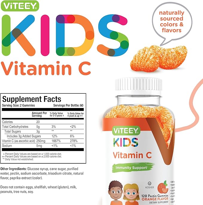 Kids Vitamin C Gummies - Immune Support for Kids, Toddlers, & Teens - Vegan, Gelatin Free, Gluten Free, GMO Free - Tasty Chewable Orange Flavored Kids Immunity Gummy