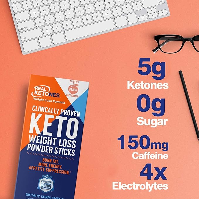 Real Ketones BHB Exogenous Ketones Drink Mix Packets Keto Electrolytes Powder Packets No Sugar with 4 Main Fasting Electrolytes Plus Hydrating Patented Keto BHB - 30 Count Peach Caffeine