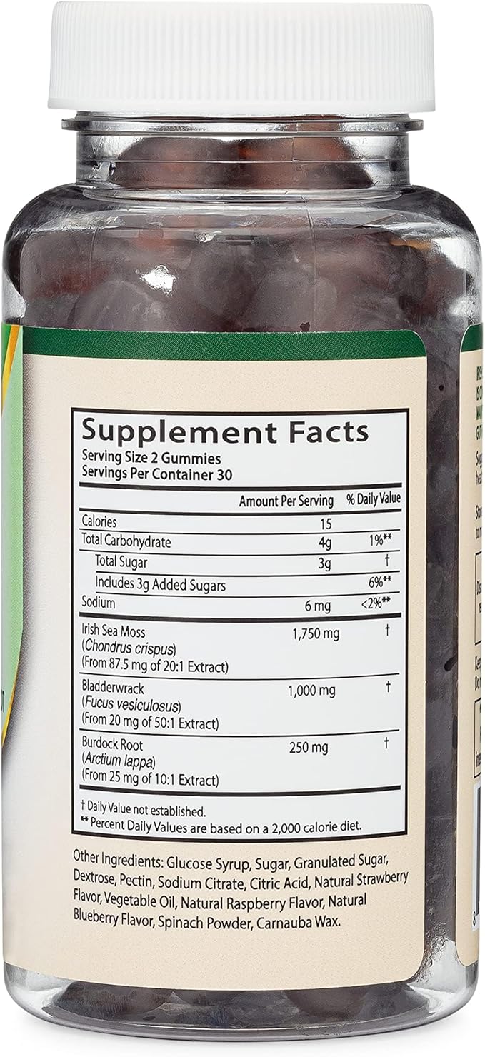 Sea Moss Gummies for Adults Max Strength 3,000mg (60 Irish Sea Moss Gel Gummies Enhanced with Bladderwrack and Burdock Root) Superfood Gummies for Immune Support (Non-GMO, Gluten Free) by Double Wood