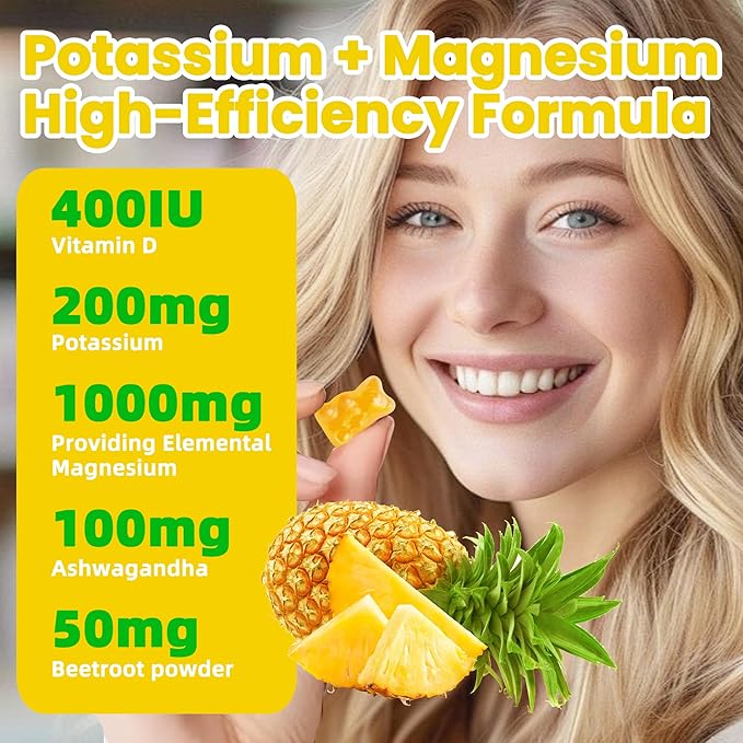 Potassium Magnesium Gummies,High Absorption Magnesium Glycinate,B6,D3,Potassium Citrate for Leg Cramps,Muscle,Electroyte for Adults Kids,Sugar-Free, 60 Gummies (Pineapple)