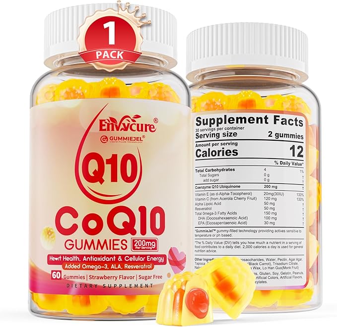 Sugar Free CoQ10 200mg Filled Gummies, 5X Better Absorption CoQ10 w/Resveratrol, Alpha Lipoic Acid, Omega-3, Vitamin E, C, Coenzyme Q10 for Cellular Energy, Heart, Brain, and Antioxidant (1Pack)