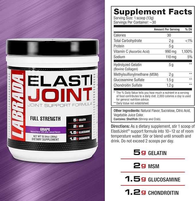 Labrada Nutrition Elastijoint, Grape - Glucosamine Joint Support Supplement Powder for Men & Women, Joint Relief & Bone Health Supplement with MSM, Glucosamine Chondroitin MSM - Gluten-Free