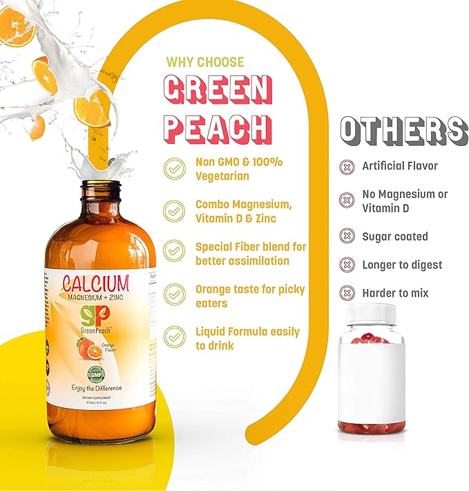 Organic Liquid Calcium for Kids - Magnesium, Zinc, Calcium Citrate & Vitamin D3 Calming Syrup & Liquid Calcium Supplement, NO Sugar NO Artificial Flavors, Vegetarian Halal Kosher