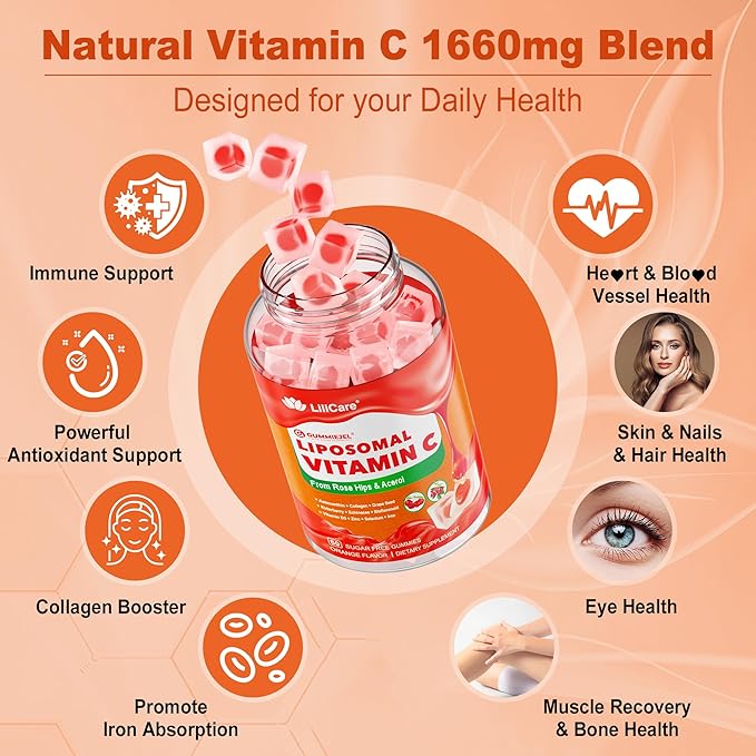 Liposomal Vitamin C 1000mg Filled Gummies for Adults & Kids 9+, 1660mg Blend w/ Echinacea, Elderberry, D3, Zinc, Iron, Bioflavonoid,Astaxanthin - Natural Organic Chewable Vitamin C Gummies, Sugar Free