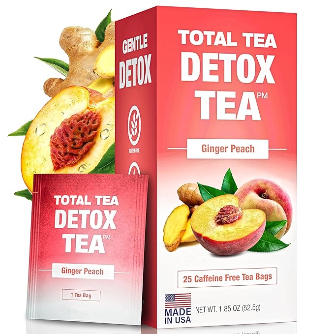 Total Tea SIimming Detox Tea Caffeine Free - 25 Day Detox Tea - Herbal SIim Tea with Chamomile, Hibiscus Tea & Ginger Root for Colon Cleanse – Natural Herbal Ginger & Peach Tea for Digestive Health (25-Pack, Ginger & Peach)