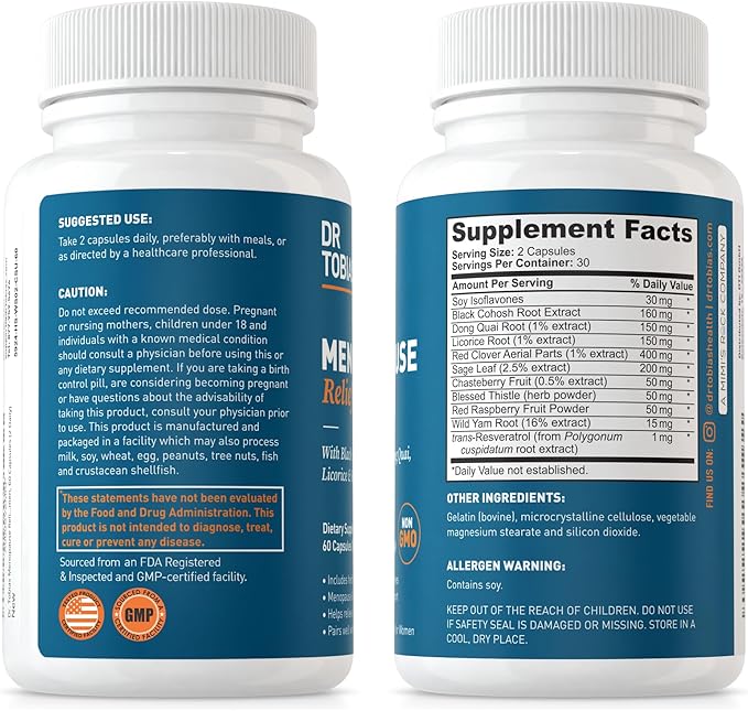 Dr. Tobias Menopause Relief with Black Cohosh, Soy Isoflavones, Don Quai, Hot Flash & Night Sweats Relief for Women, Non-GMO Menopause Supplements for Women, 60 Capsules, 30 Servings