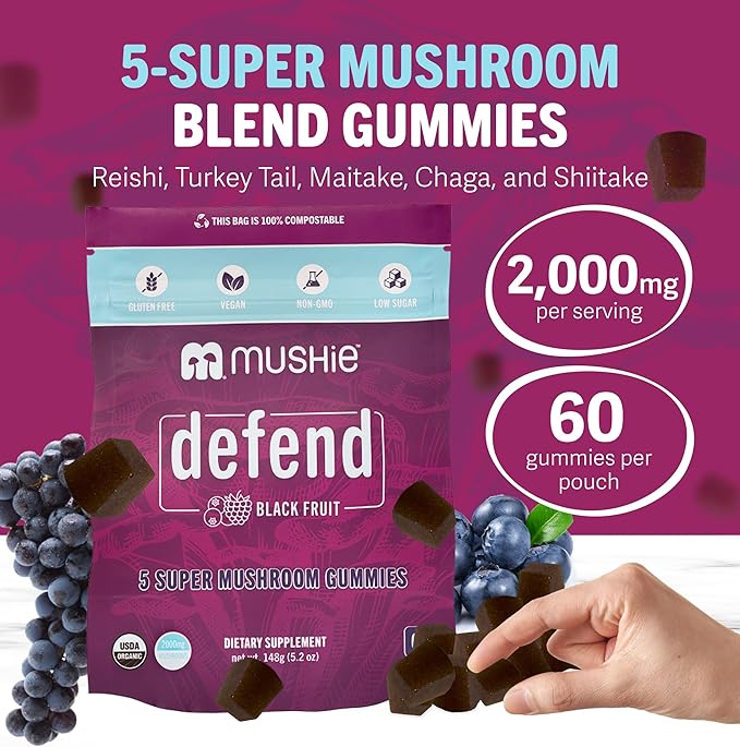 Mushie 100% Organic 5 Super Mushroom Complex Gummies - 2000mg Reishi, Turkey Tail, Maitake, Chaga & Shiitake Blend - Gut Health & Immune Support with Vitamin D - Vegan, Gluten-Free - 60 Count