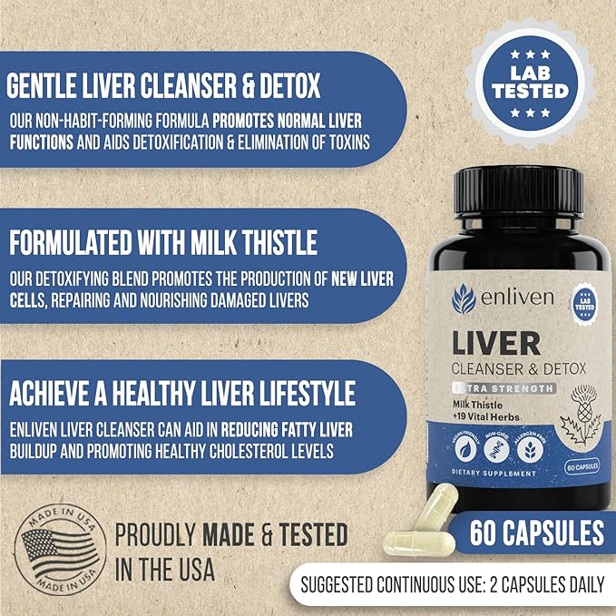 enliven Liver Cleanse Detox & Repair Supplement | Supports Liver Health with Milk Thistle, Dandelion Artichoke | Non-GMO Fatty Liver Support - Men & Women | Made in The USA (60 Capsules)